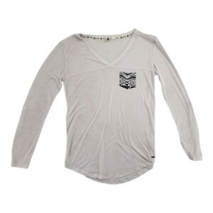 Roxy Women's Off-White Sheer V-Neck Long Sleeve Tee Aztec Pocket Size S